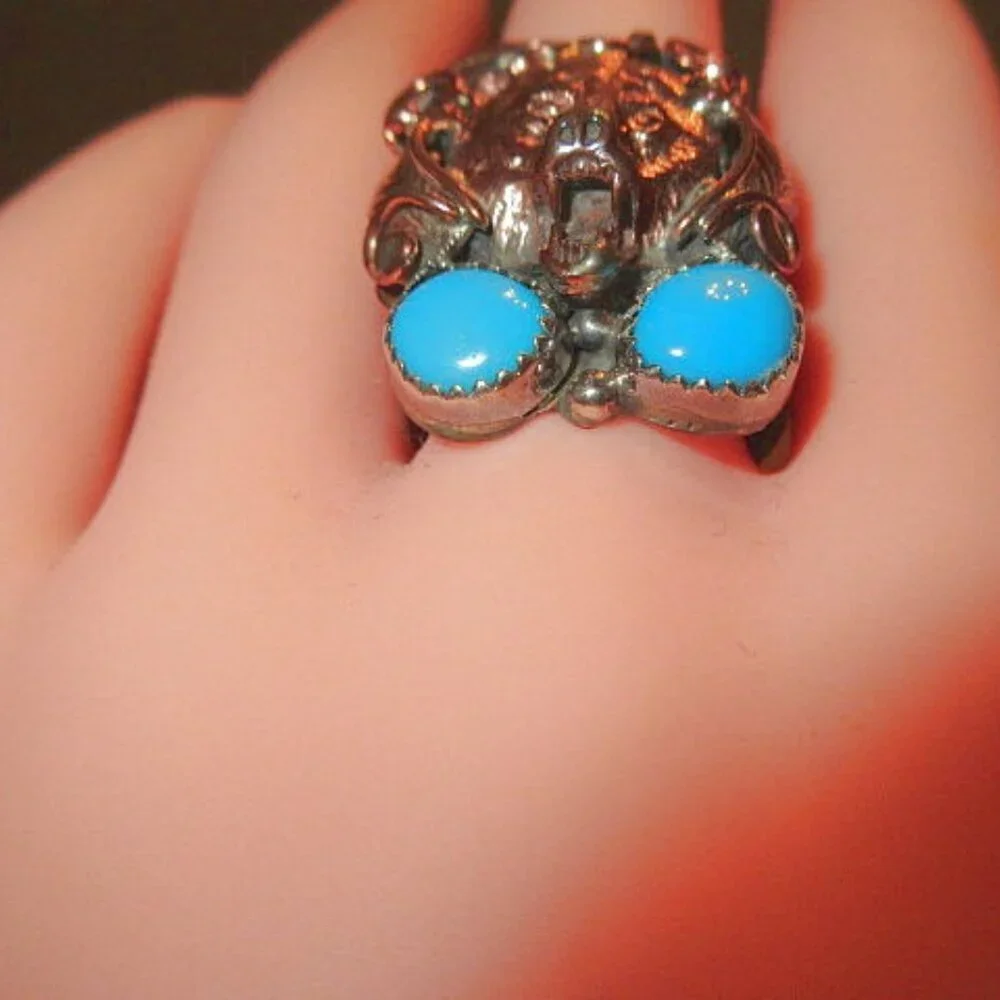 Navajo Sterling Silver Turquoise Copper Bear Ring Sz 10 Native American RB 16g
